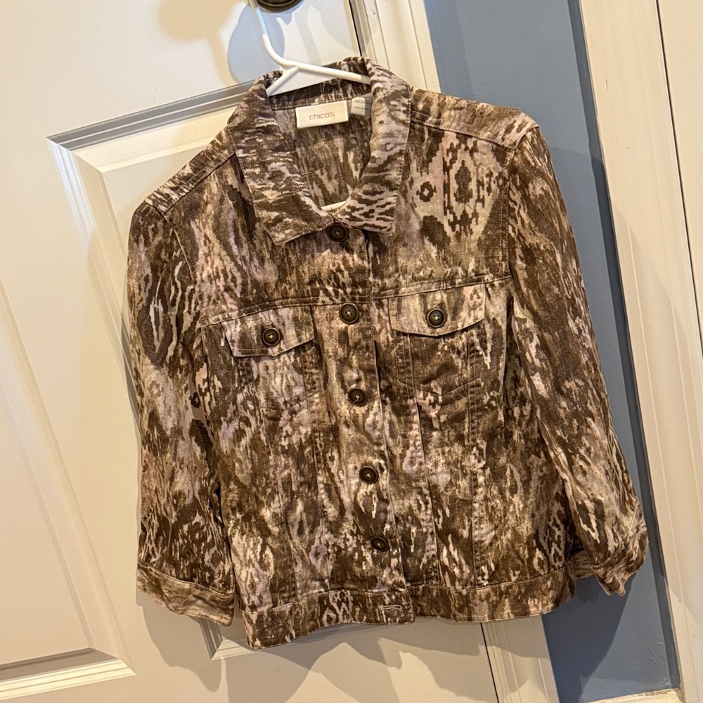 Chico's Brown and Tan Patterned Metallic Jacket